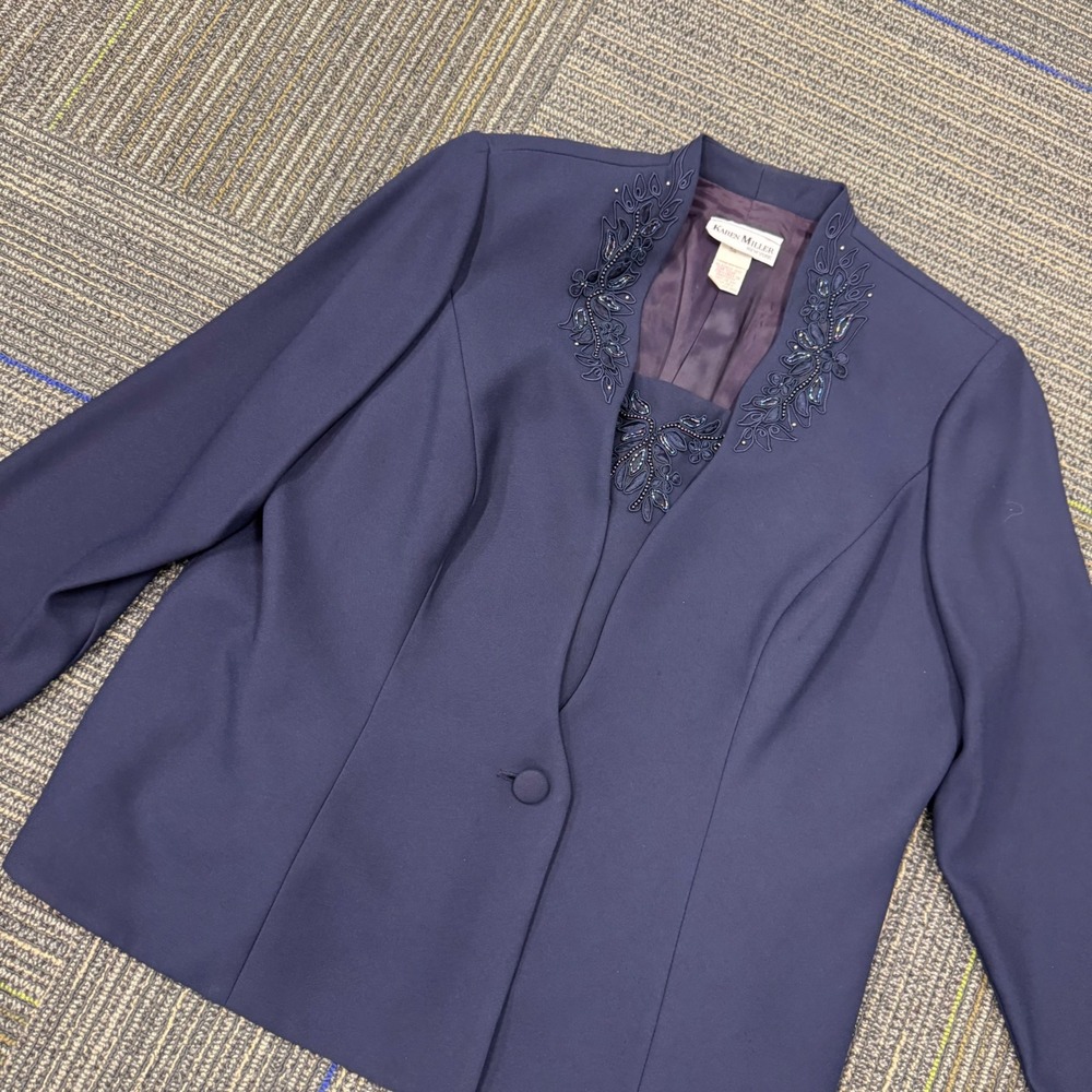 Karen Miller‎ Blazer Top Set Womens 18WP Navy Blue Excellent Beaded Embroidered